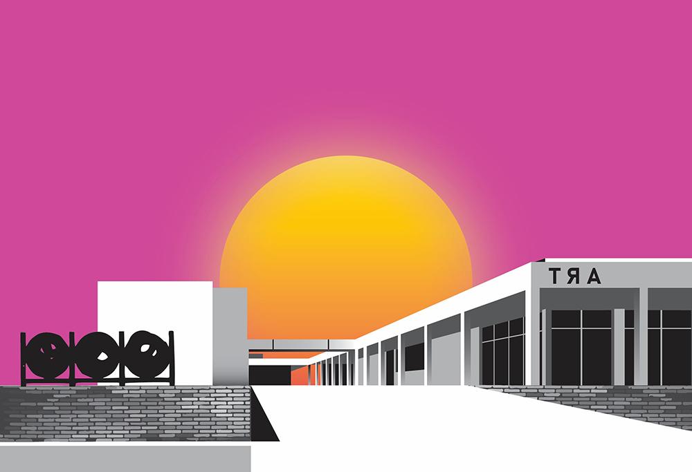 Digital illustration of a building with sun in the background.